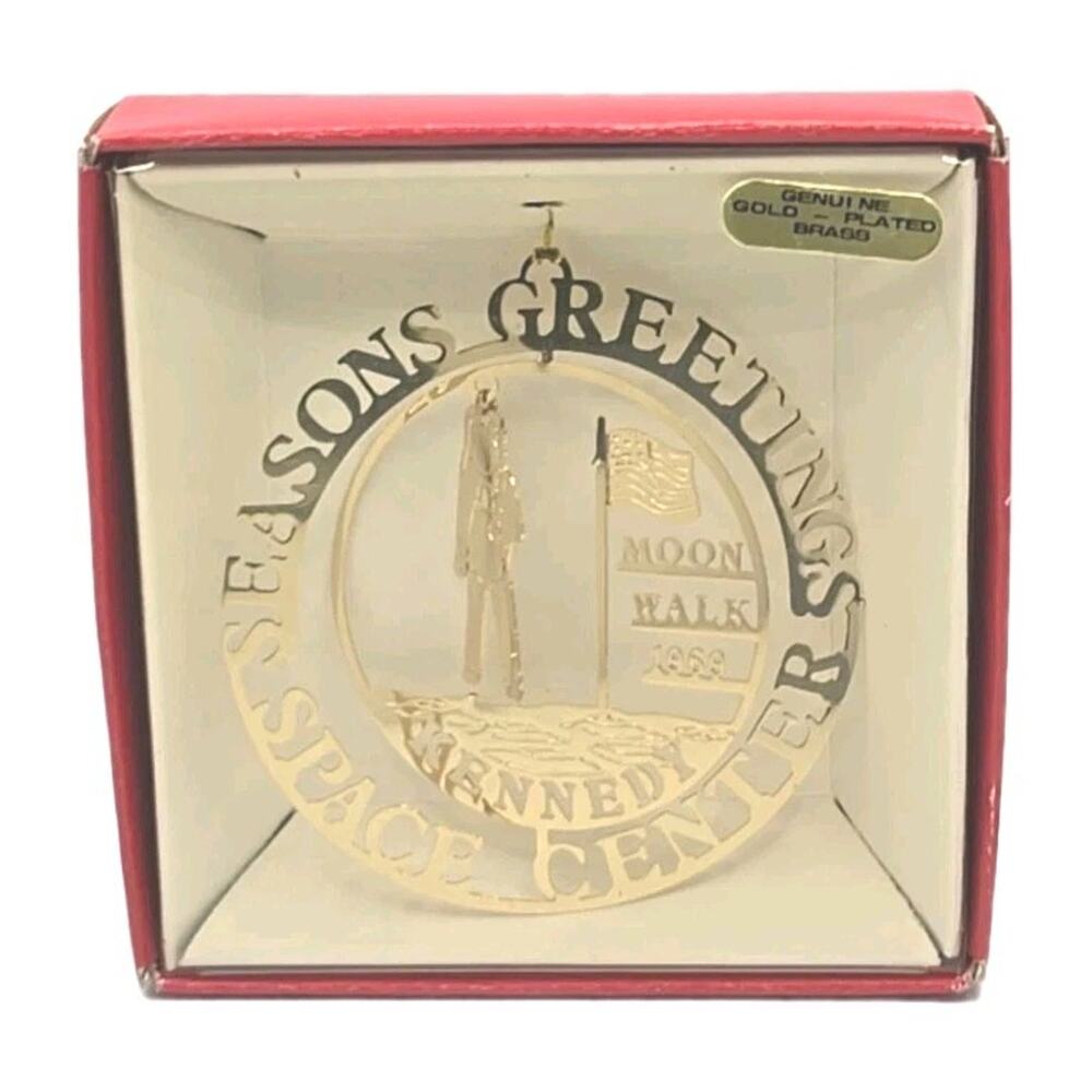 Kennedy Space Center Moon Walk 1969 24K Gold Finish Brass Ornament in Box U81